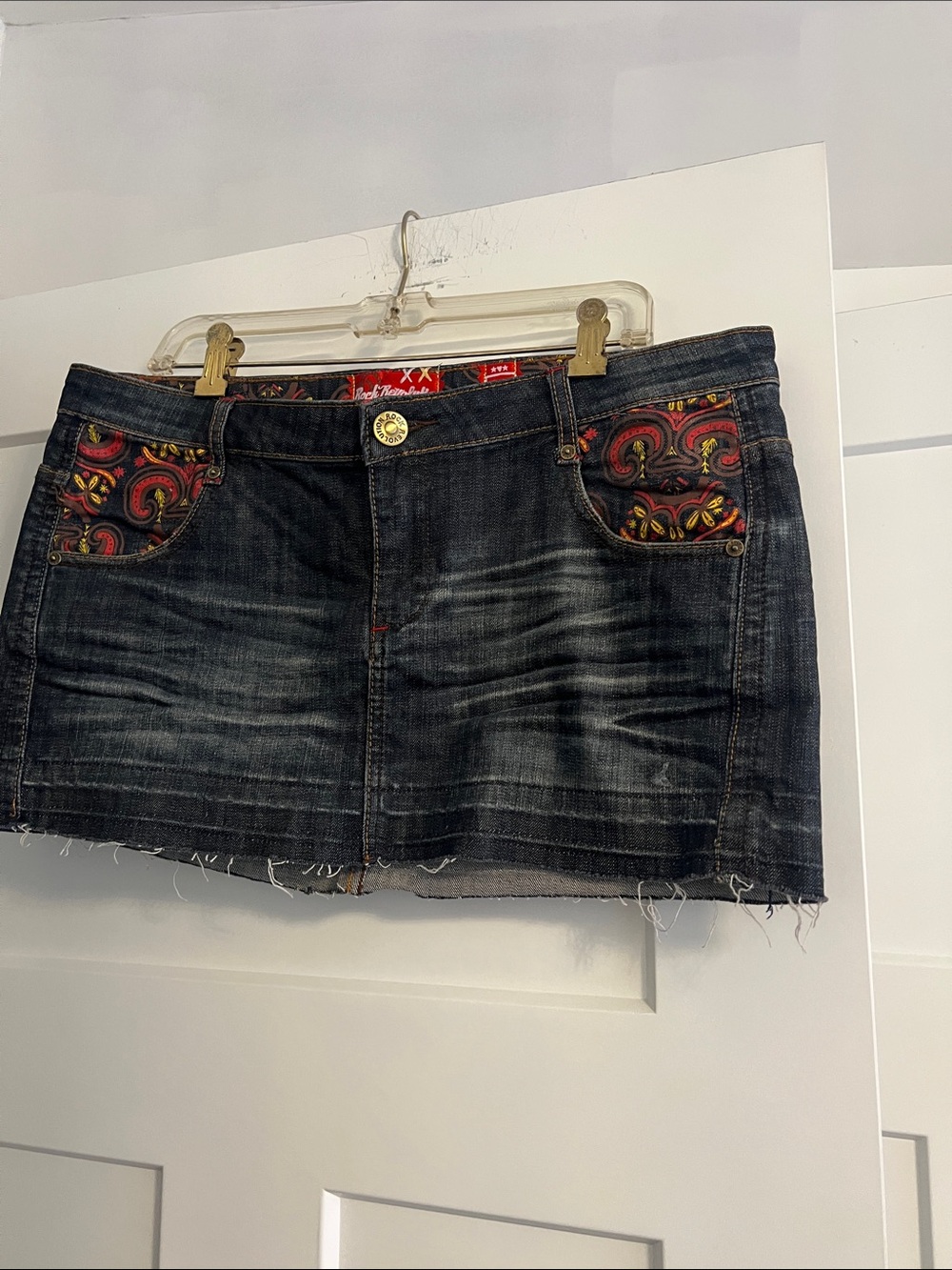 Rock Revolution Dark Wash Denim Mini Skirt Red Paisley Pockets Hand Painted